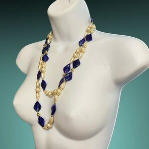 Long Necklace Blue & Faux Pearl Acrylic Beads Over-The-Head Style